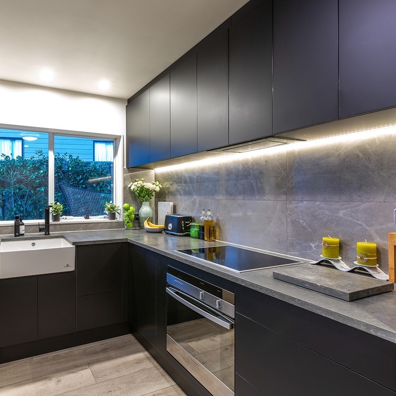 Unit Dapur Sederhana Berbentuk L Mewah Modular Hitam Tua Set Lemari Dapur Kayu Solid