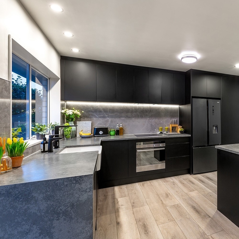 Unit Dapur Sederhana Berbentuk L Mewah Modular Hitam Tua Set Lemari Dapur Kayu Solid