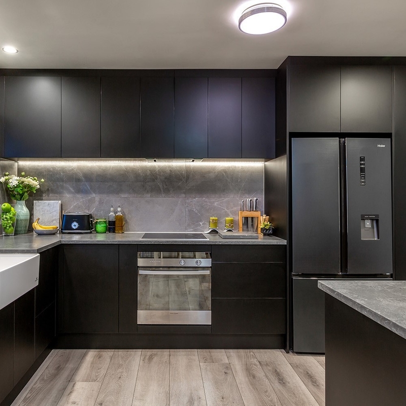 Unit Dapur Sederhana Berbentuk L Mewah Modular Hitam Tua Set Lemari Dapur Kayu Solid