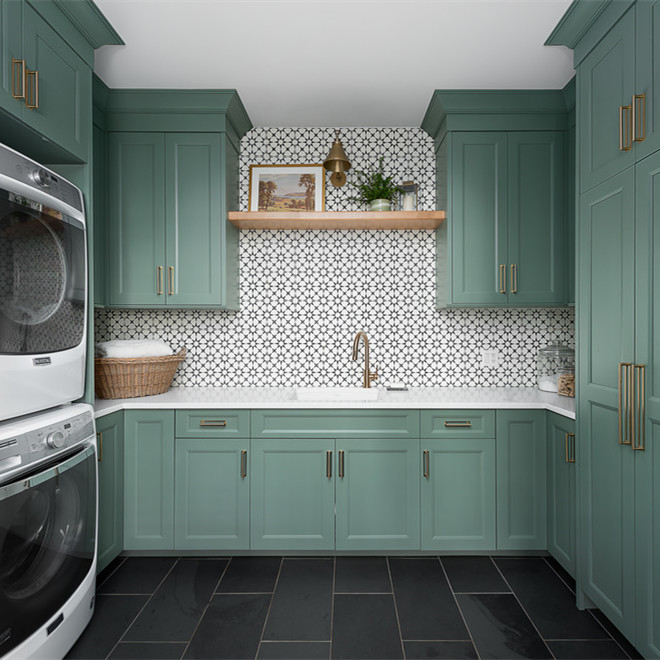 American Shaker U Shape Oasis Lacquer Blue Room Aundry Storage Cabinet Dengan Dua Mesin Cuci