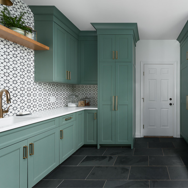 American Shaker U Shape Oasis Lacquer Blue Room Aundry Storage Cabinet Dengan Dua Mesin Cuci