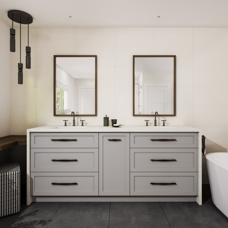 Lantai Kayu Mounted Lacquer Kamar Mandi Vanity Unit Shaker Abu-abu Muda Cermin Ganda 72 Inch