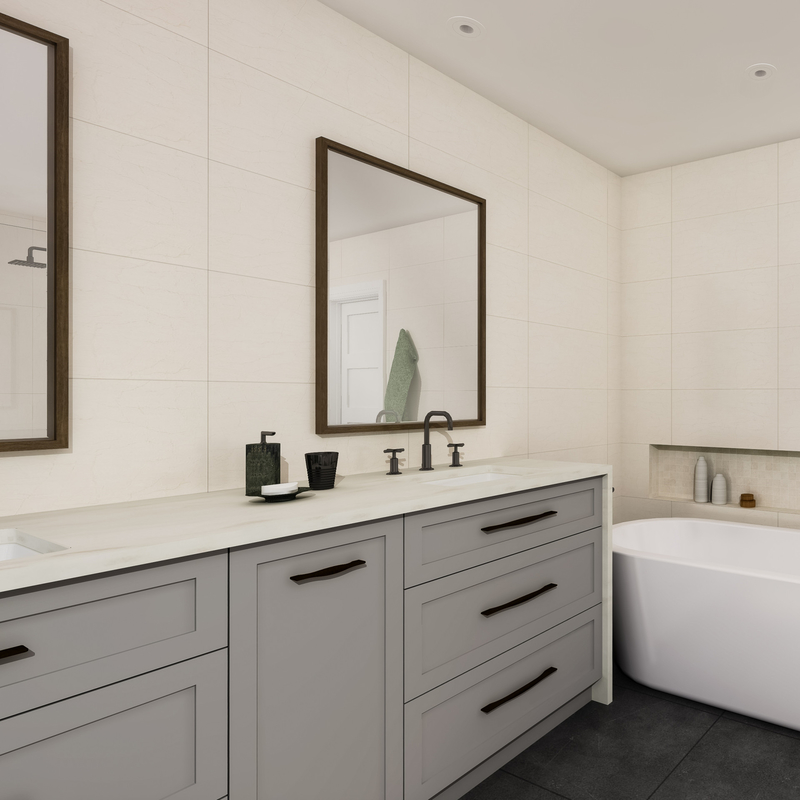 Lantai Kayu Mounted Lacquer Kamar Mandi Vanity Unit Shaker Abu-abu Muda Cermin Ganda 72 Inch