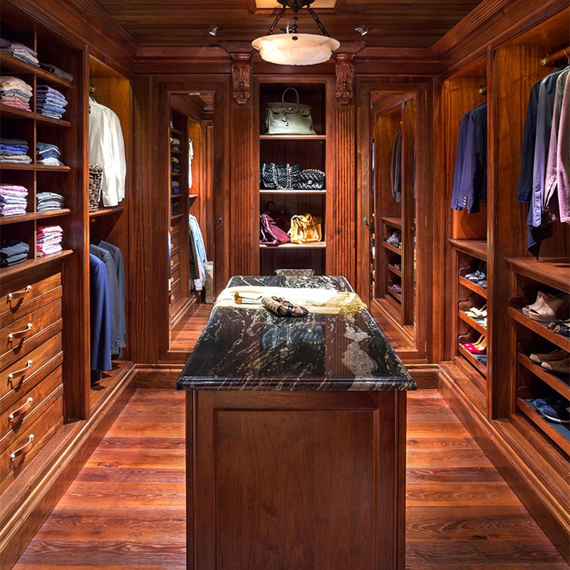 Walk In Closet Kayu Solid Modern Klasik U Berbentuk Lemari Penyimpanan Pakaian Coklat