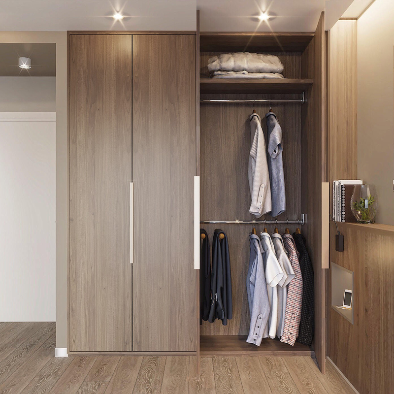 Modern I Shaped Swing Door Lemari Kayu Tekstur Kayu Veneer Dengan Led Light Luxury Bedroom Closet