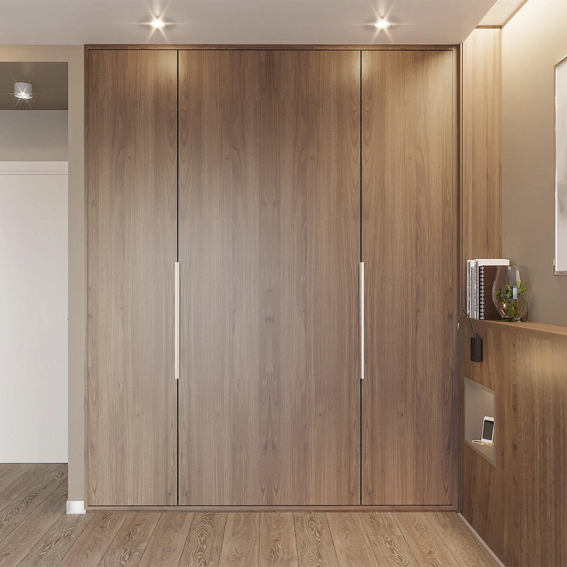 Modern I Shaped Swing Door Lemari Kayu Tekstur Kayu Veneer Dengan Led Light Luxury Bedroom Closet