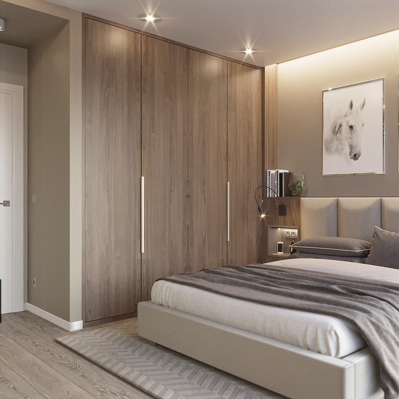 Modern I Shaped Swing Door Lemari Kayu Tekstur Kayu Veneer Dengan Led Light Luxury Bedroom Closet