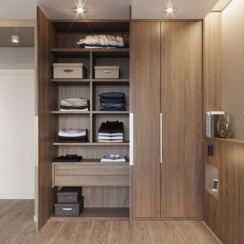 Modern I Shaped Swing Door Lemari Kayu Tekstur Kayu Veneer Dengan Led Light Luxury Bedroom Closet