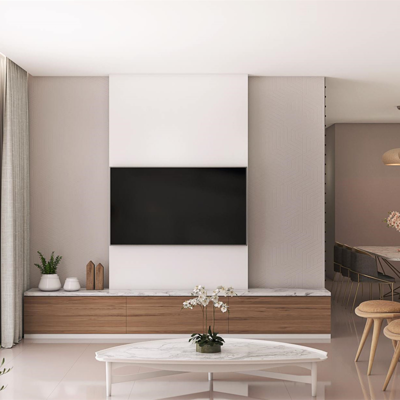 Modern Putih Abu-abu Gelap Dinding Kabinet TV Melamin Unit TV Bench Wood Grain