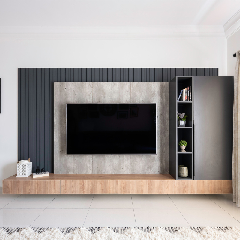Modern Putih Abu-abu Gelap Dinding Kabinet TV Melamin Unit TV Bench Wood Grain