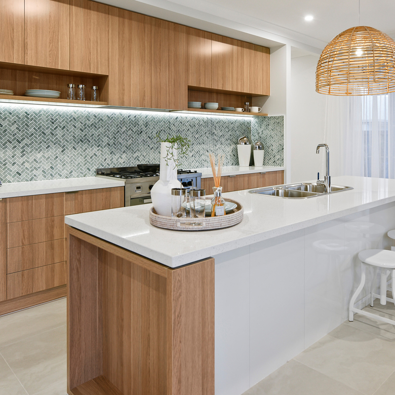 Unit Kabinet Dapur Melamin Kombinasi Multi Warna Tekstur Kayu Putih