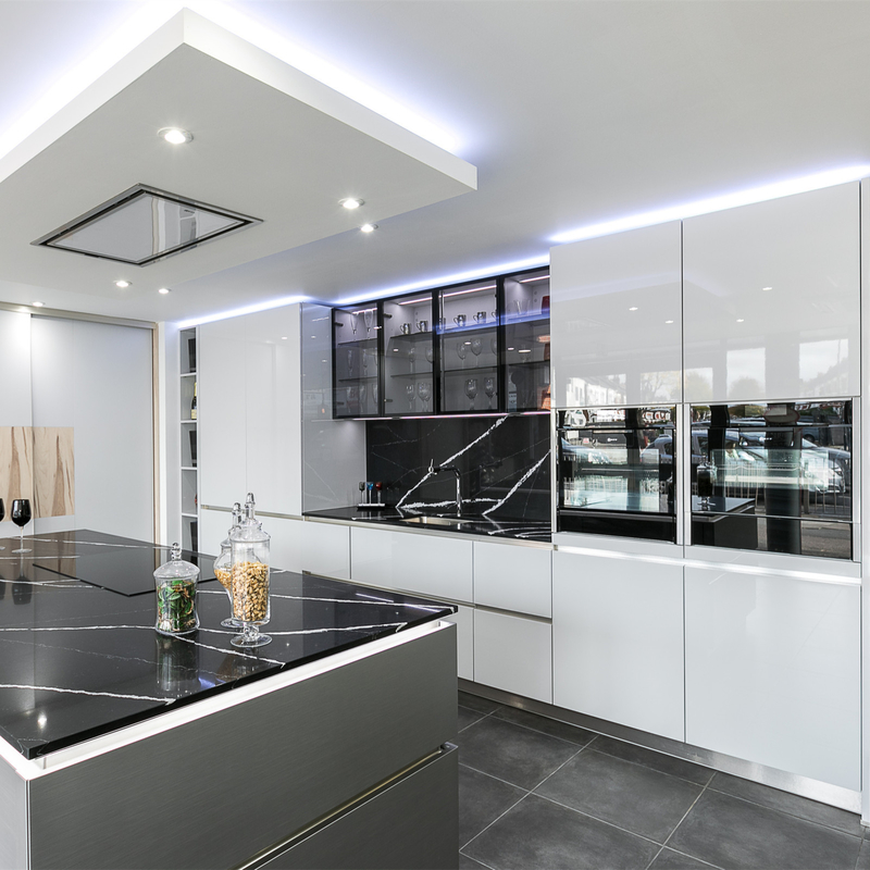 Custom Make I Shape Lacquer Kitchen Cabinet High Gloss White Base Matte Grey Island