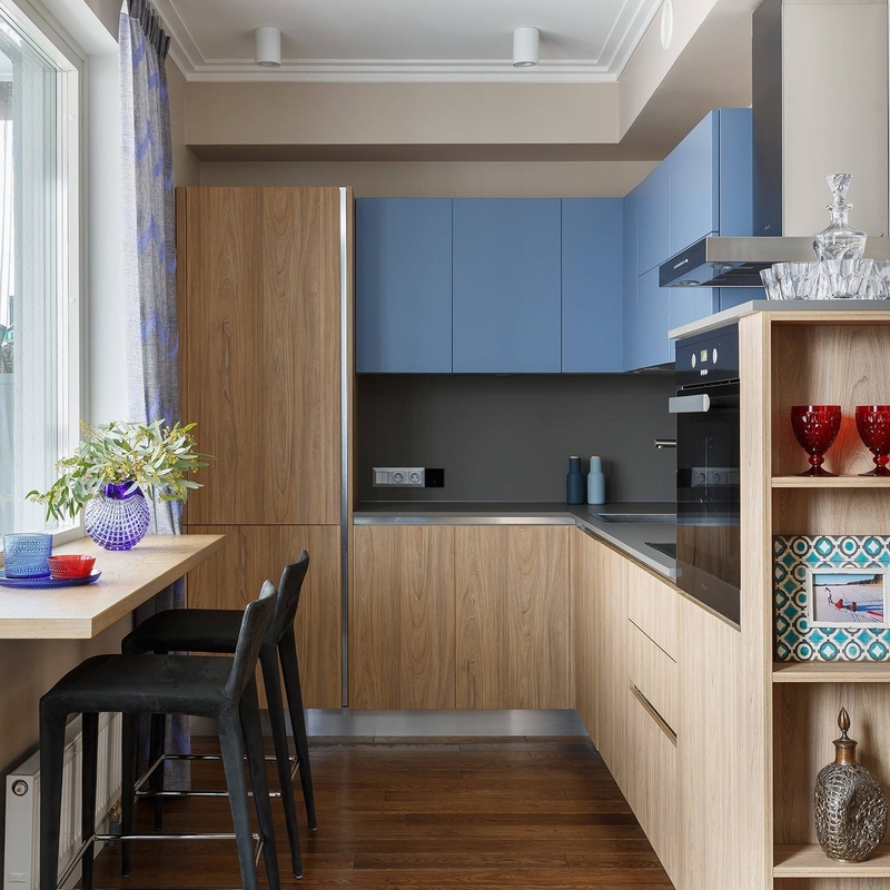 Lemari Dapur Lacquer Biru Warna Butir Kayu Set Dapur Gagang Bebas Dengan Meja