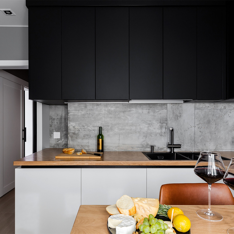 Kabinet Dapur Lacquer Matte Panel Datar Hitam Dan Putih Semua Dalam Satu Dengan Pegangan
