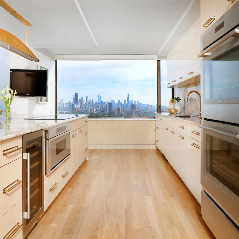 Lemari Dapur Dua Warna Dapur Penyimpanan Modular Kabinet Papan Partikel Datar Putih Mengkilap Dapur Melamin Kayu