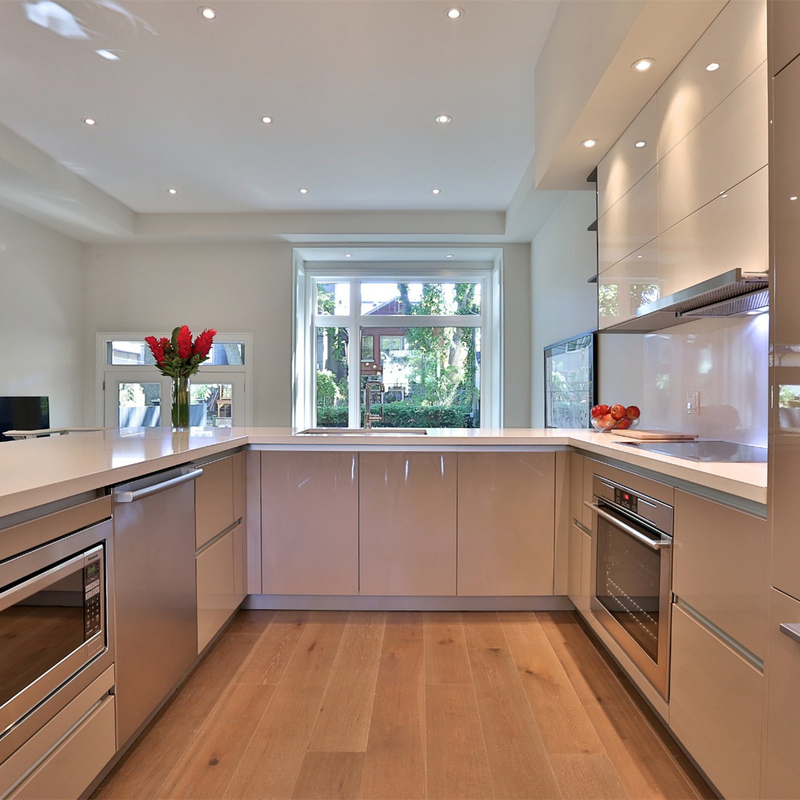 U Shape High Gloss White Dan Grey Lacquer Kitchen Furniture Hiasan Dinding Lemari Dapur Dengan Desain Tanpa Tangan