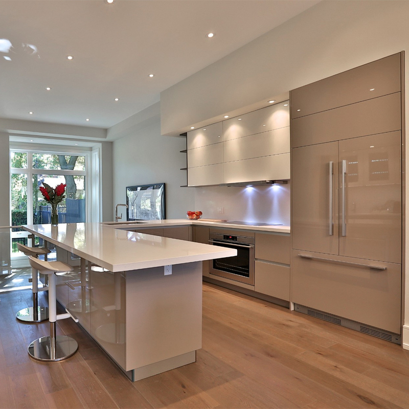 U Shape High Gloss White Dan Grey Lacquer Kitchen Furniture Hiasan Dinding Lemari Dapur Dengan Desain Tanpa Tangan