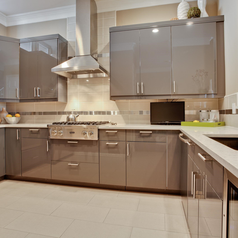 U Shape High Gloss Dark Grey Lacquer Electric Touch Lemari Dapur Terbuka Untuk Villa