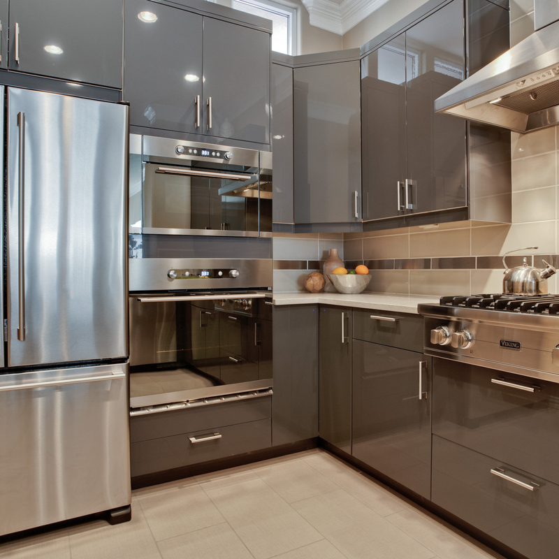 U Shape High Gloss Dark Grey Lacquer Electric Touch Lemari Dapur Terbuka Untuk Villa