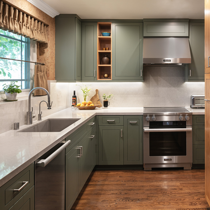 California Villa Gunakan Dapur Lemari Kayu Padat Gaya Shaker Modern Lemari Hijau Dan Biru