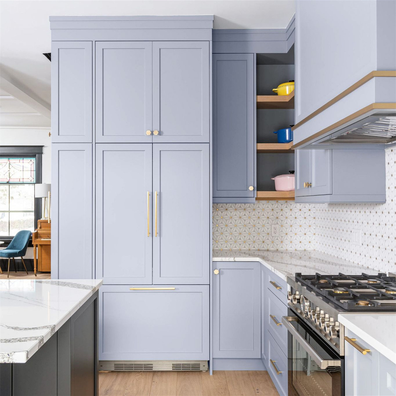 Desain villa Shaker lengkap yang disesuaikan Biru abu-abu Kayu padat Lemari dapur standar Kayu lemari yang dibuat di Cina
