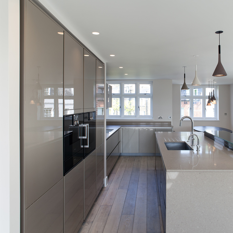 Siap Untuk Mengumpulkan Handless Desain Champagne High Gloss Acrylic Board Jerman Dapur Kabinet Dengan Pulau