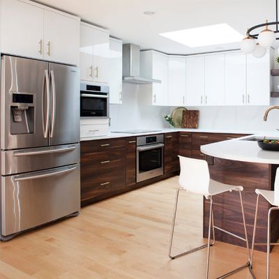 Shaker Style Particle Board Lemari Dapur High Gloss White Flat Panel Matte Brown Veneer Kayu