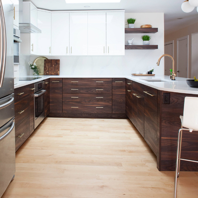 Shaker Style Particle Board Lemari Dapur High Gloss White Flat Panel Matte Brown Veneer Kayu