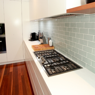 Meja Makan Melamin Putih Handle L Shape Kitchen Center Unit Island
