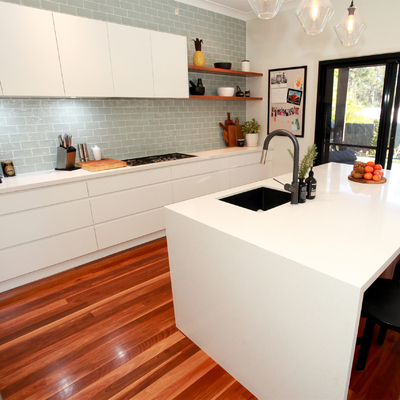 Meja Makan Melamin Putih Handle L Shape Kitchen Center Unit Island
