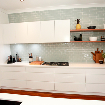 Meja Makan Melamin Putih Handle L Shape Kitchen Center Unit Island